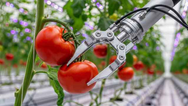 Industrial robotic arm equipped with mechanical grippers harvesting ripe red tomatoes in high tech greenhouse cultivation facility for modern agriculture efficiency.