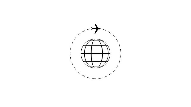 Minimalist airplane flying around globe animation, global travel and logistics concept aviation