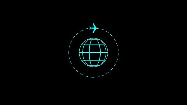 Minimalist airplane orbiting globe animation, global travel and logistics concept, cyan neon line on black background