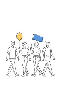 Minimalist line drawing of people walking with flags and balloons.