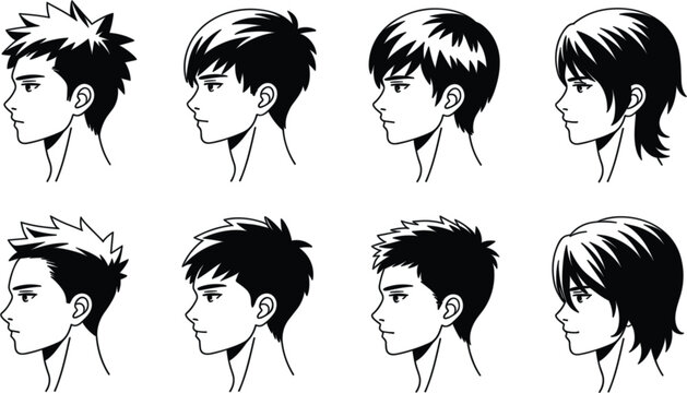 Manga and anime style character hairstyle reference sheet vector illustration with diverse male and female haircuts on a solid white background