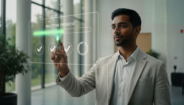 Professional businessman interacting with futuristic holographic interface showing milestone progress bar and completed checkmark icons in modern office setting.