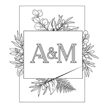 Layered Botanical Monogram Wedding Card, Vertical Frame with Leaves and Initials for Invitation Design