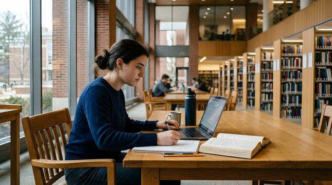 Focused female university student studying with laptop and books at a wooden table in a quiet library