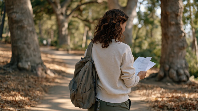Podiatrist in her forties strides along a forest path, over the shoulder view showing her open a letter confirming acceptance to a graduate career pivot program, mature oak trees