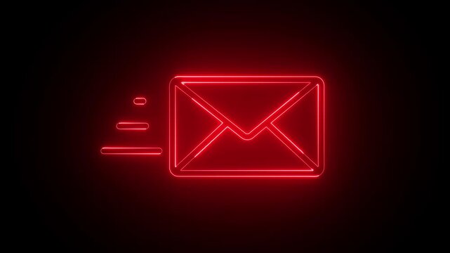 Glowing neon red color Mail email message sending envelope icon animation.