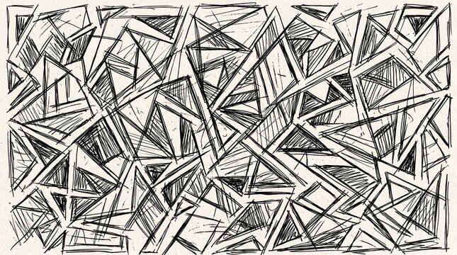 Abstract geometric background featuring overlapping triangle shapes drawn with expressive black ink sketch lines and crosshatching on a light textured paper background.