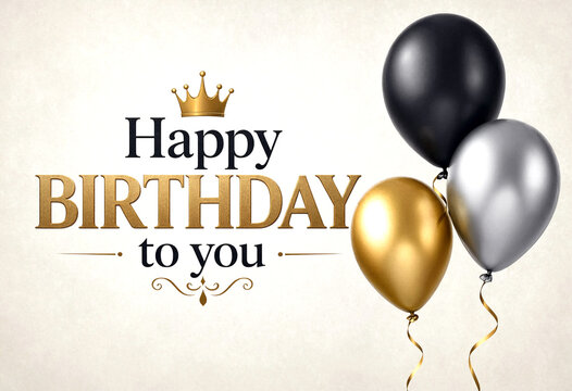 Elegant happy birthday card with golden crown and metallic balloons in black gold and silver colors