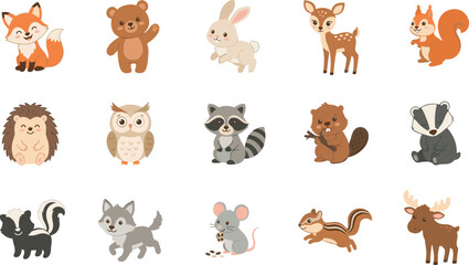 Fototapeta premium Cute Woodland Forest Animal Vector Set with Flat Wild Wildlife Mammals and Owls for Children Nursery Wall Art Designs