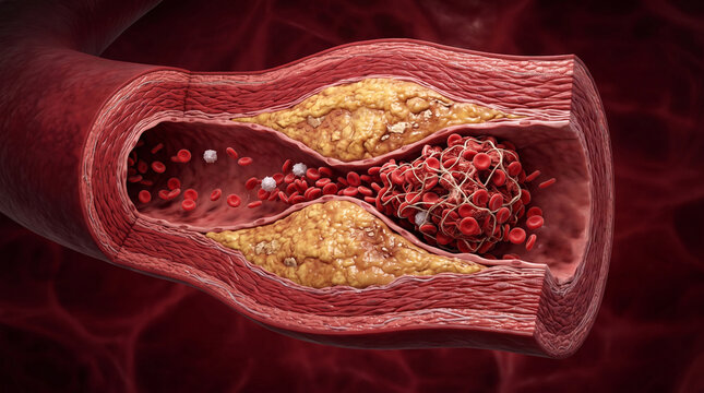 Medical 3D illustration showing atherosclerosis with cholesterol plaque buildup inside an artery causing a dangerous blood clot that obstructs normal red cell circulation flow