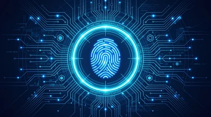 Digital biometric security authentication, glowing fingerprint icon on circuit board background, cyber data protection © CreativeStock