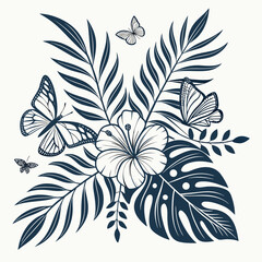 Fototapeta premium Tropical floral composition with butterflies and exotic leaves hibiscus butterfly tropical