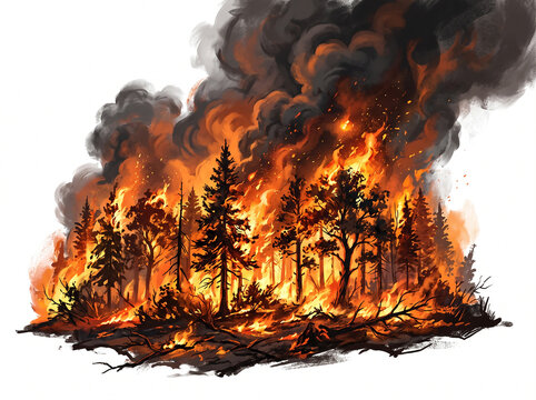 Forest fire destroys trees and vegetation while sending thick clouds of dark smoke into the atmosphere.