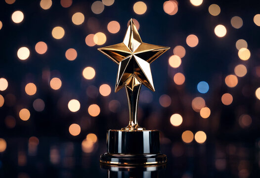 Golden star trophy award on a black pedestal with bokeh lights background perfect for success celebration