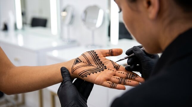 Applying minimalist modern henna art, decorating hands for Eid celebration, bright contemporary beauty salon, elegant festive preparation, creative daily lifestyle.