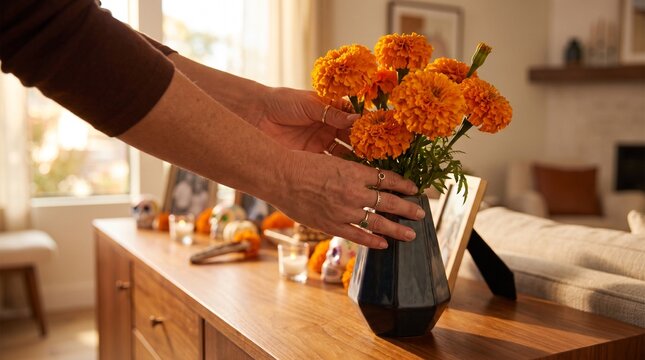 Arranging fresh marigold flower vase, preparing elegant ofrenda decoration, modern living room interior, Dia de los Muertos celebration, beautiful home design.