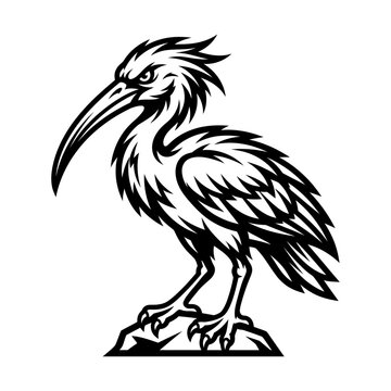 Aggressive ibis bird mascot standing on rock vector illustration isolated on white background