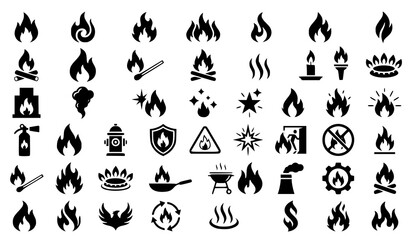 Obraz premium Modern Flame Icon Collection Black Fire and Heat Symbols Vector Isolated on White