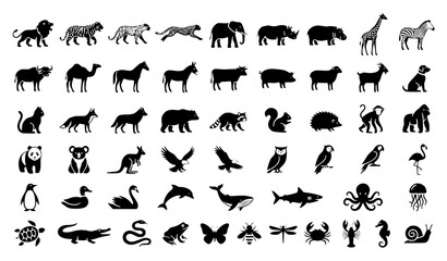 Fototapeta premium Minimal Animal Icons Vector Set Black Wildlife Collection on White Background