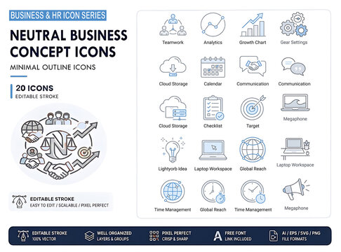 Neutral Business Concept Icons Minimal Outline Vector Set Corporate HR Analytics and Productivity Line Icons