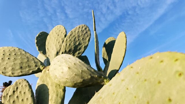 Textured prickly pear cactus pads with spines silhouetted against clear blue sky in antalya.