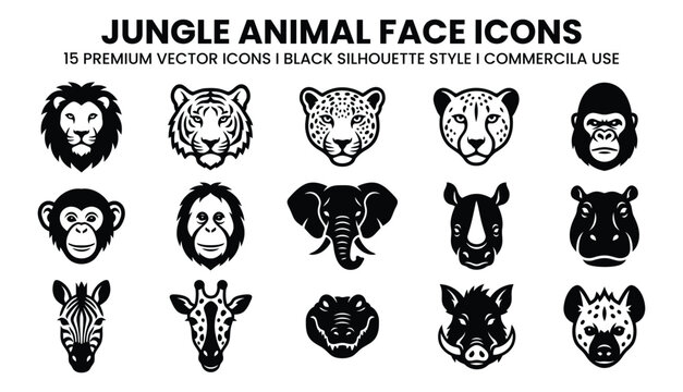 Set of black and white jungle animal face icons created by a professional vector illustrator artist
