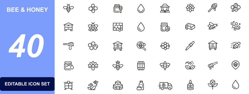 Bee and honey icon set with honeycomb, beehive, apiary, pollination, nectar, beeswax, pollen, honey jar, apiculture and organic sweetener symbols. Vector illustration.