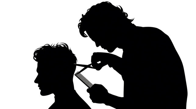 Silhouette of a barber cutting a client's hair with scissors and comb, with a smartphone in the barber's hand