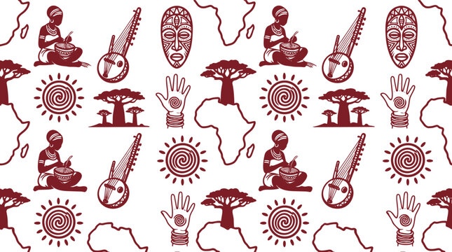 Seamless African Tribal Pattern with Cultural Motifs, Traditional Mask, Baobab Tree and Map Vector
