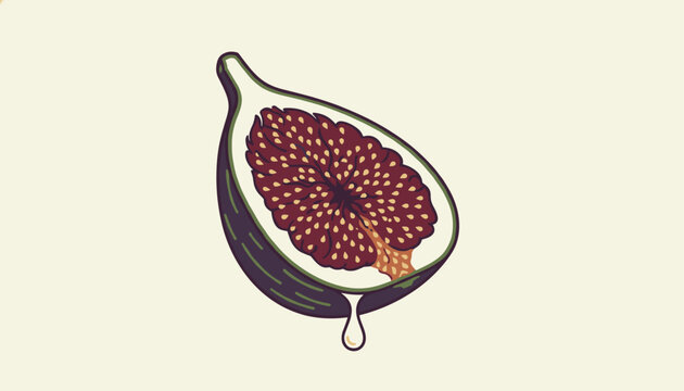 Fresh sliced fig dripping with organic honey or sweet juice, isolated vector illustration of healthy summer fruit.