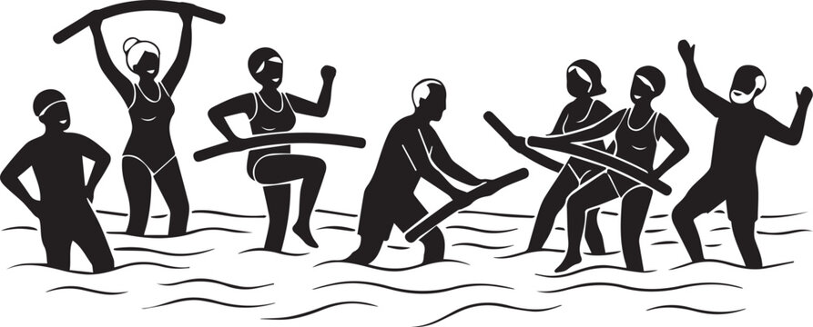Diverse group of people in water aerobics class using pool noodles for resistance training during aquatic fitness session outdoors.