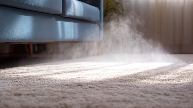 Dust motes illuminated by sunlight streaming under a sofa onto a carpet