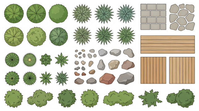 Collection of garden plants shrubs rocks and paving materials icons design transparent background