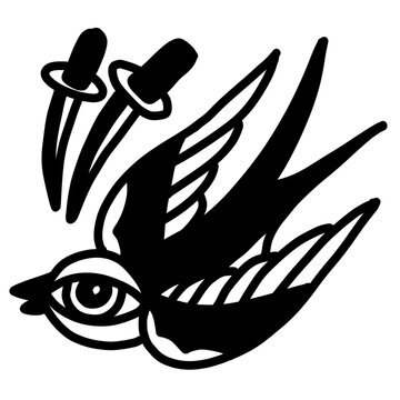 Edgy traditional tattoo swallow illustration with daggers