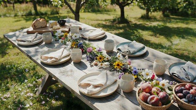 Elegant outdoor dining setup with floral centerpiece and fresh fruit on rustic wooden table