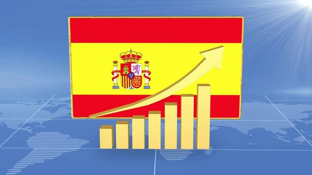 Spain Business Financial Growth upward 3D Bar Graph and National Flag, positioned on the global map. Concept International market growth.