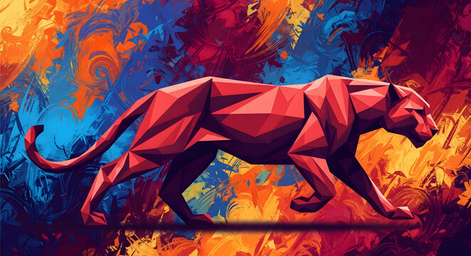 Abstract low poly red panther walking on a vibrant colorful background