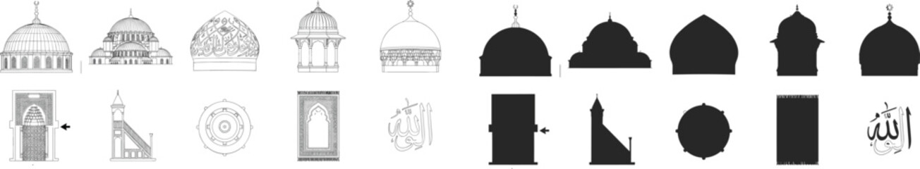 WebIslamic architecture domes, prayer rugs, minbars, and calligraphic symbols vector line and silhouette set © FalguniAkter