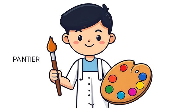 Cartoon painter holding paint palette and brushes.