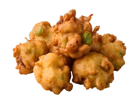 Collection set of fried vegetable pakora fritters isolated on transparent or white background, png