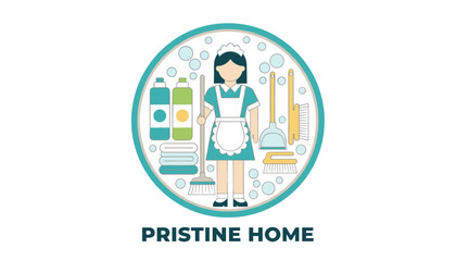 Fototapeta premium Professional cleaning service logo showing a maid with a broom and various supplies under Pristine Home text.