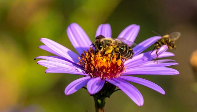 Busy bee on purple flower petals.