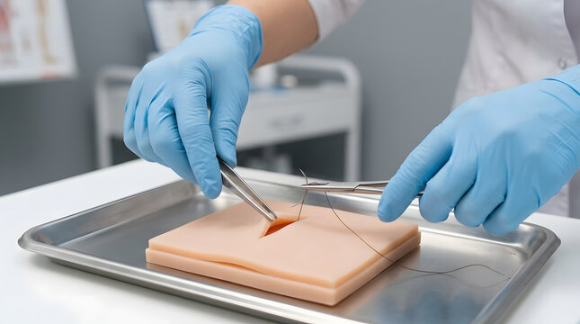 Female Doctor Hands in Blue Gloves Practicing Surgical Suturing on Skin Simulation Pad