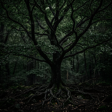 Ancient tree with thick trunk in dense forest.