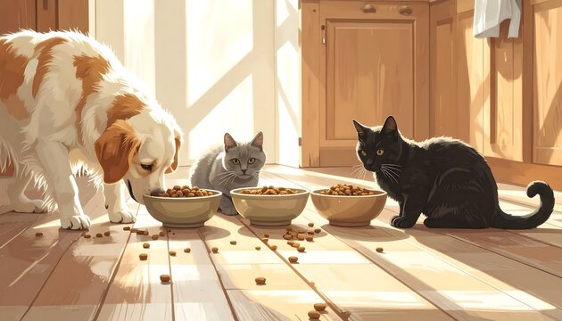 Cats eating from bowls on floor.