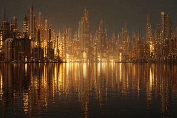 Fototapeta premium Futuristic cityscape at dusk with golden lights reflecting on calm water