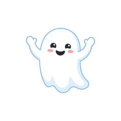 Obraz premium Cute ghost character with happy face, friendly Halloween spirit vector illustration, kawaii spooky phantom with pink cheeks and raised arms isolated on White Background halloween