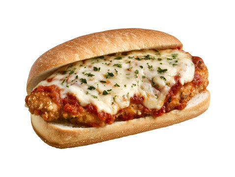 Chicken parmesan sandwich with melted mozzarella cheese isolated on transparent or white background, png