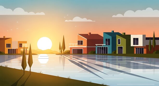 Sunset view of suburban neighborhood street with houses.