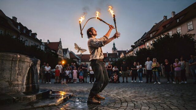Street performer performing fire juggling act outdoors during evening with crowd